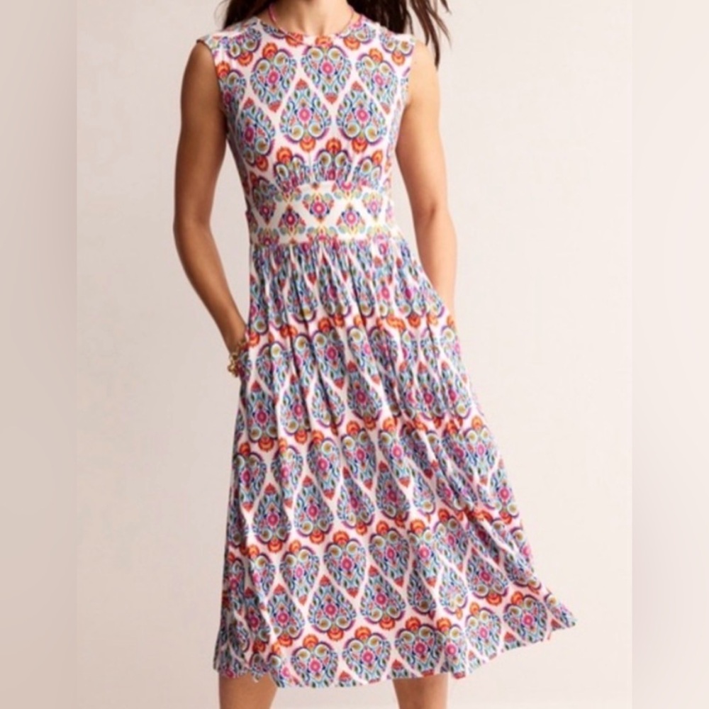Boden dress NWT 8 Thea multi stamp print Multicolor Sleeveless Midi Dress